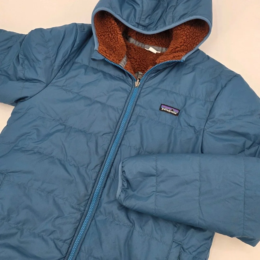 PATAGONIA REVERSIBLE HOODIE KIDS XXL 16-18 2XL BLUE BROWN READY FREDDY JACKET